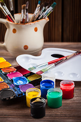 Image showing Colors, Watercolors and brushes