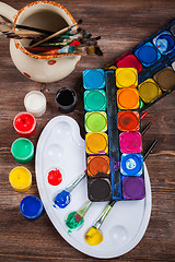 Image showing Colors, Watercolors and brushes