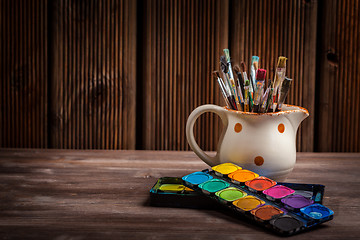 Image showing Colors, Watercolors and brushes