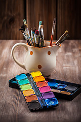 Image showing Colors, Watercolors and brushes