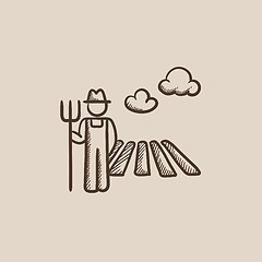 Image showing Farmer with pitchfork sketch icon.