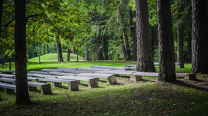 Image showing Benches in old park, an autumn landscape