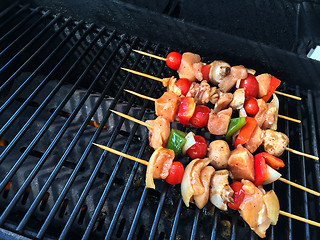 Image showing Meat and vegetable skewers ready to barbecue