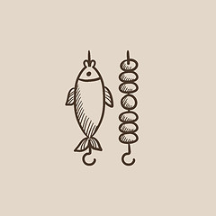 Image showing Shish kebab and grilled fish sketch icon.