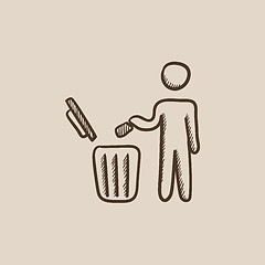 Image showing Man throwing garbage in a bin sketch icon.