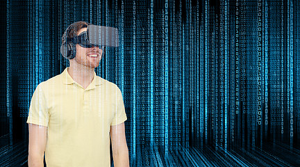 Image showing happy man in virtual reality headset or 3d glasses