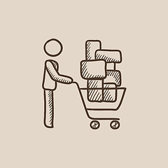 Image showing Man pushing shopping cart sketch icon.