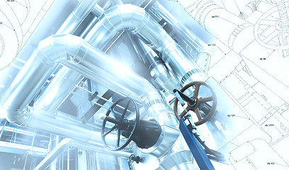 Image showing Sketch of piping design mixed with industrial equipment photo