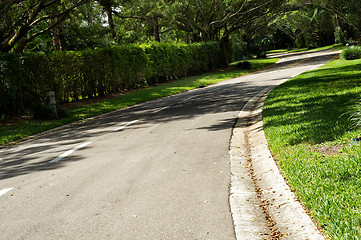 Image showing beautifully curving landscaped tree lined road