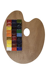 Image showing watercolor paint and wooden palette on white background