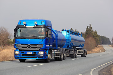 Image showing Blue Mercedes-Benz Actros Tank Truck on the Road