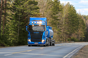 Image showing Blue Scania Tank Truck on Rural Highway at Spring