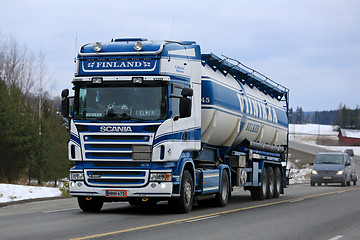 Image showing Blue and White Scania Semi Tank Truck