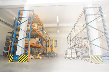 Image showing drawing combined with shelves and racks with pallets in distribu