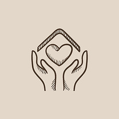 Image showing Hands holding house symbol with heart shape sketch icon.