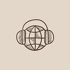 Image showing Globe in headphones sketch icon.