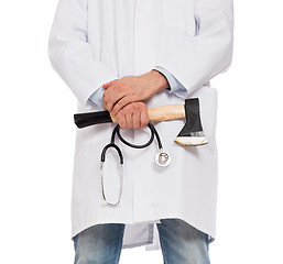 Image showing Evil medic holding a small axe and stethoscope