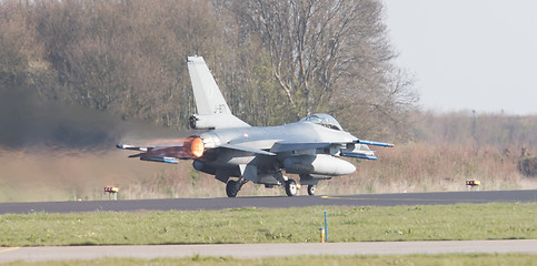 Image showing LEEUWARDEN, NETHERLANDS - APRIL 11, 2016: A dutch F-16 on the gr