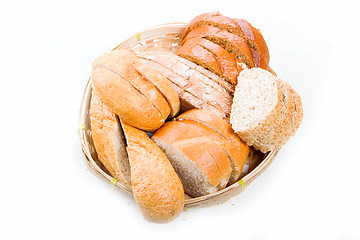 Image showing bread in a wicker breadbasket on white background