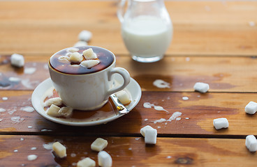 Image showing close up of sugar in coffee cup on wooden table