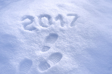 Image showing New Year 2017 greeting, footprints in snow, new year 2017, 2017 greeting card