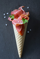 Image showing Raw Bacon in ice cream cone