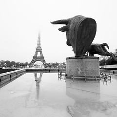 Image showing Sculptures on Trocadero and Eiffel Tower in Paris. 