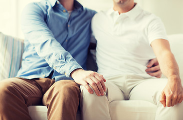 Image showing close up of happy male gay couple hugging at home