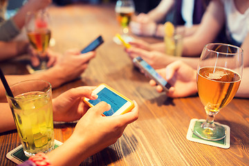 Image showing close up of hands with smartphones at restaurant