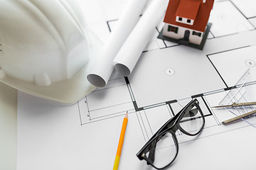 Image showing close up of architectural blueprint and tools