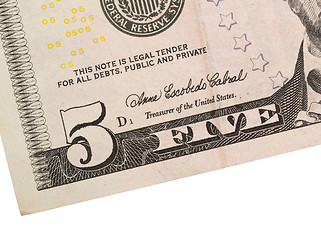 Image showing US five Dollar bill, close up 