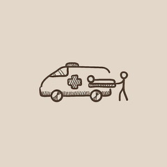 Image showing Man with patient and ambulance car sketch icon.