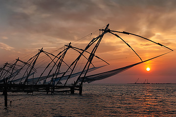 Image showing Chinese fishnets on sunset. Kochi, Kerala, India