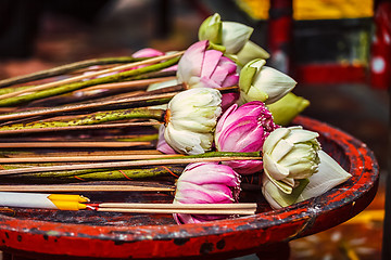 Image showing Lotus flowers used as offering in Buddhist temple