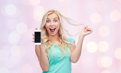 Image showing happy young woman or teenage girl with smartphone