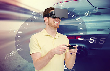 Image showing man in virtual reality headset and car racing game