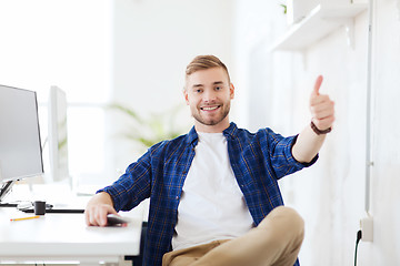 Image showing happy creative man with computer at office