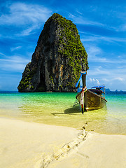 Image showing Long tail boat on beach, Thailand