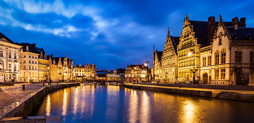 Image showing Ghent canal, Graslei and Korenlei streets in the evening. Ghent,