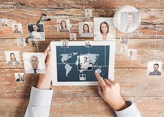 Image showing close up of hands with tablet pc and network