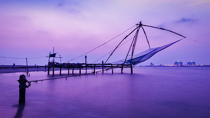 Image showing Chinese fishnets on sunset. Kochi, Kerala, India