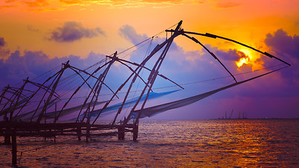 Image showing Chinese fishnets on sunset. Kochi, Kerala, India