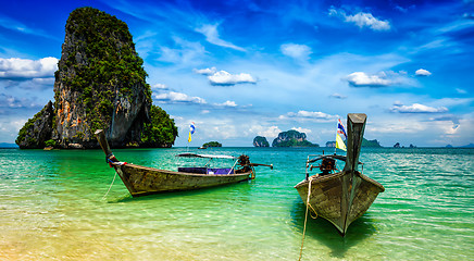 Image showing Long tail boats on beach, Thailand