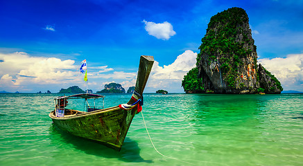 Image showing Long tail boat on beach, Thailand