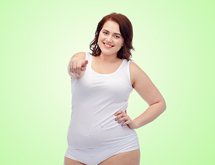 Image showing plus size woman in underwear pointing finger