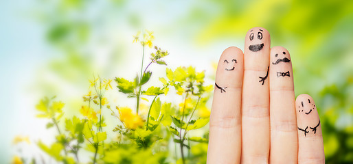 Image showing close up of fingers with smiley faces over nature