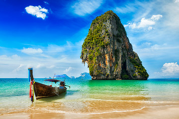 Image showing Long tail boat on beach, Thailand