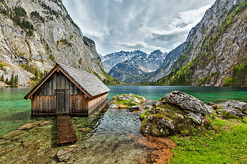 Image showing Boat dock on Obersee lake. Bavaria, Germany