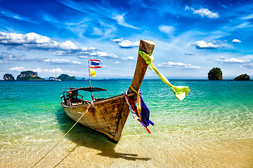 Image showing Long tail boat on beach, Thailand