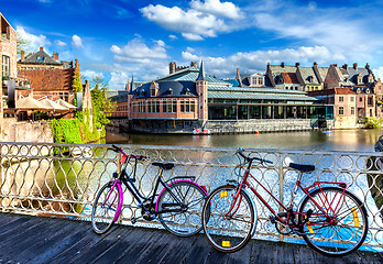 Image showing Bridge, bicycles and canal. Ghent, Belghium